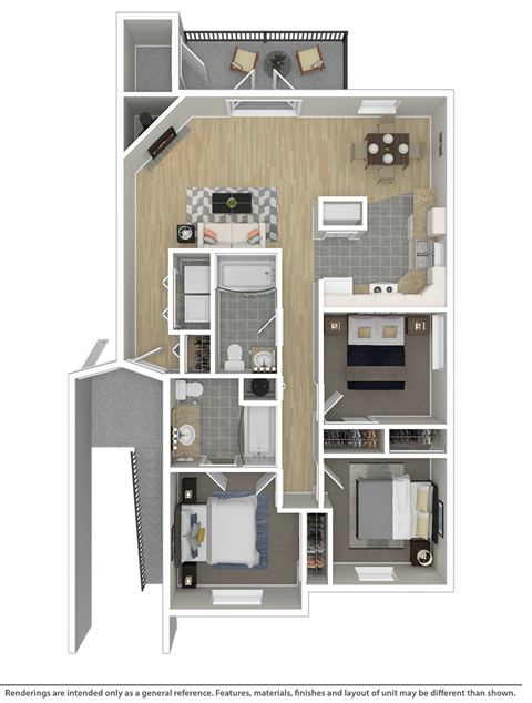 Floor plan for 3 beds, 2 baths, 1075 sqft